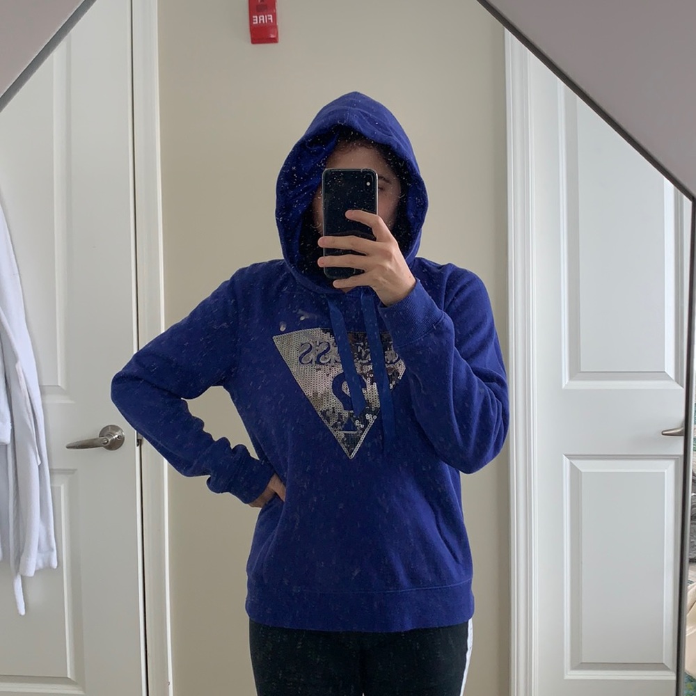 Guess royal blue pull over with satin hoodie and satin strings size XL